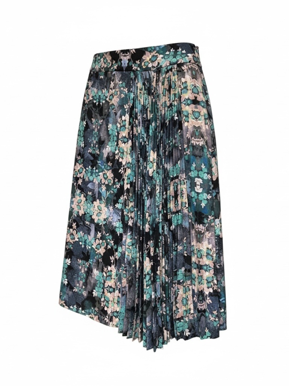 Nanette Lepore Teal, Black and Cream Floral Pleated Midi Skirt